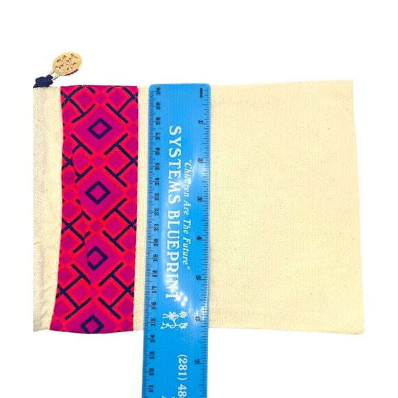 Tory Burch Drawstring Cotton Bag With Pink & Navy Geometric Design 8x6 Inches - Picture 3 of 4